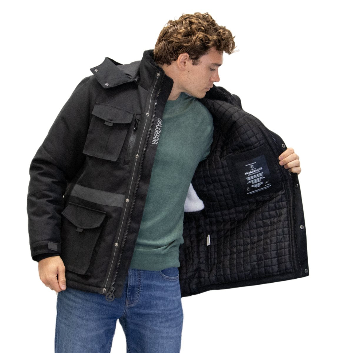 Black Nexus jacket worn open, showing the interior