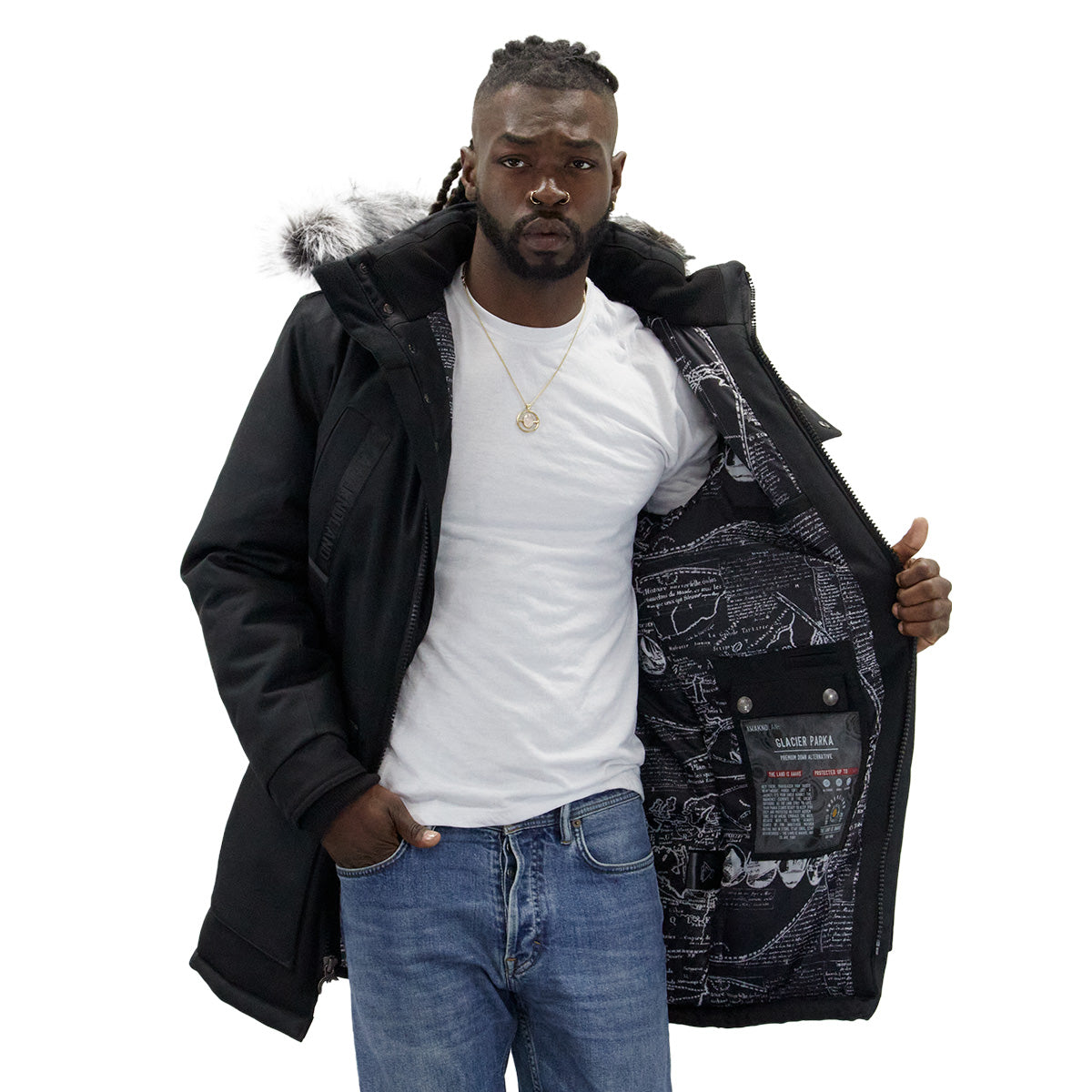 Black Pathfinder parka worn open, showing the printed interior lining