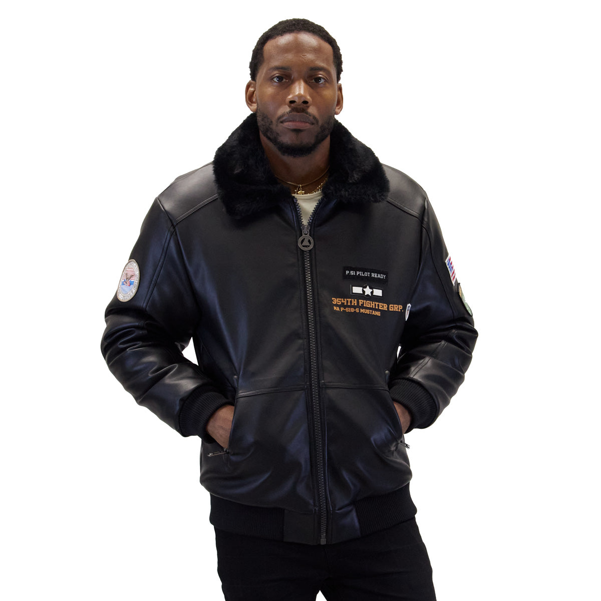 Black "Aviator" Nubuck Faux Leather Bomber