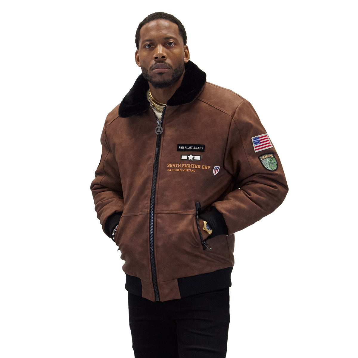 Brown Aviator bomber, front view