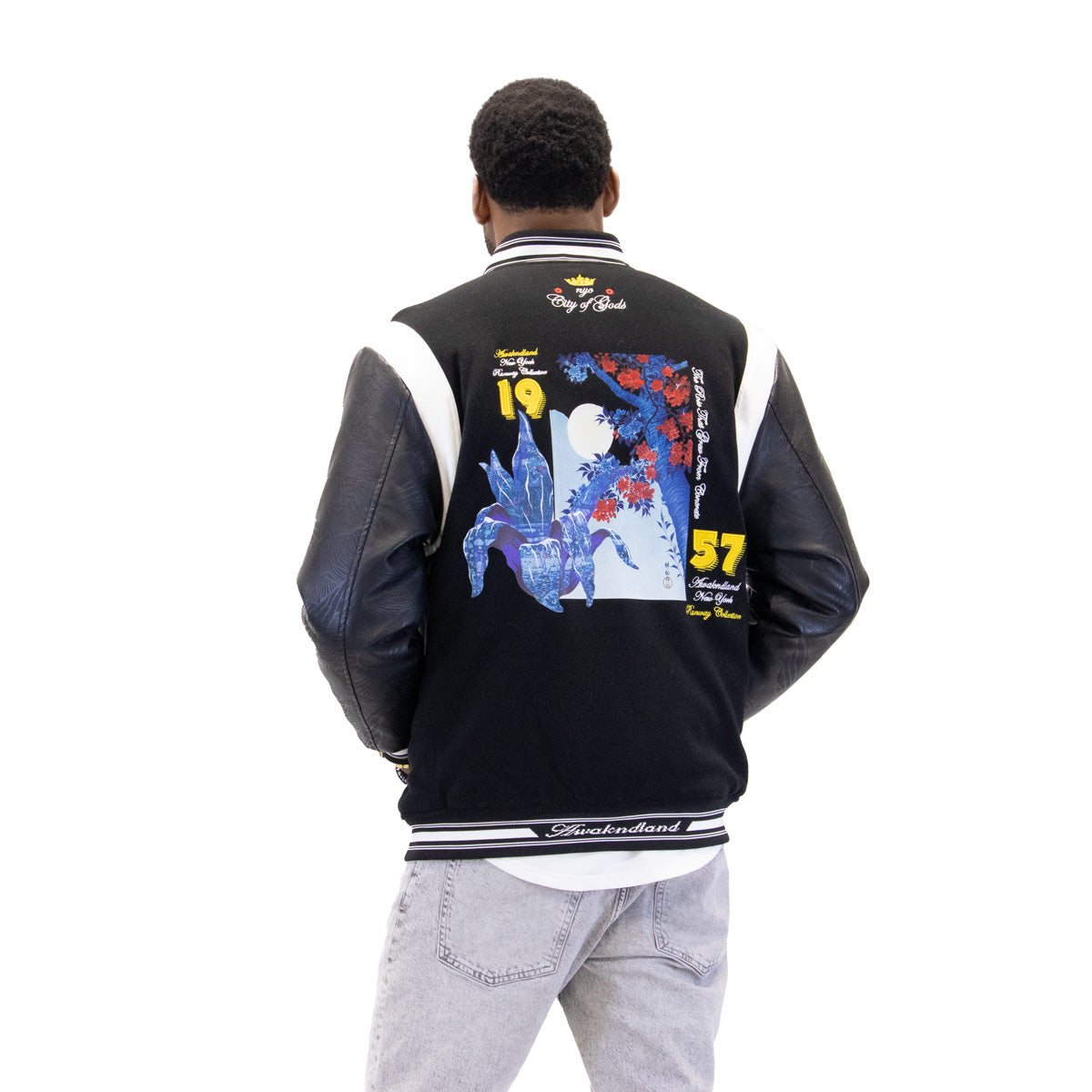 Black Kumo varsity jacket, back view showing the artwork