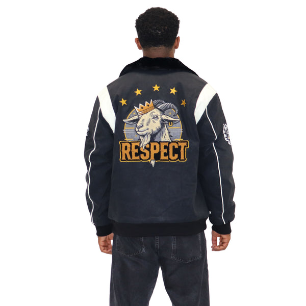 Black "G.O.A.T Respect" Nubuck Faux Leather Jacket