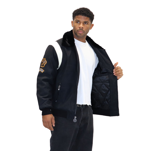 Black "Heritage Bear" Nubuck Faux Leather Jacket
