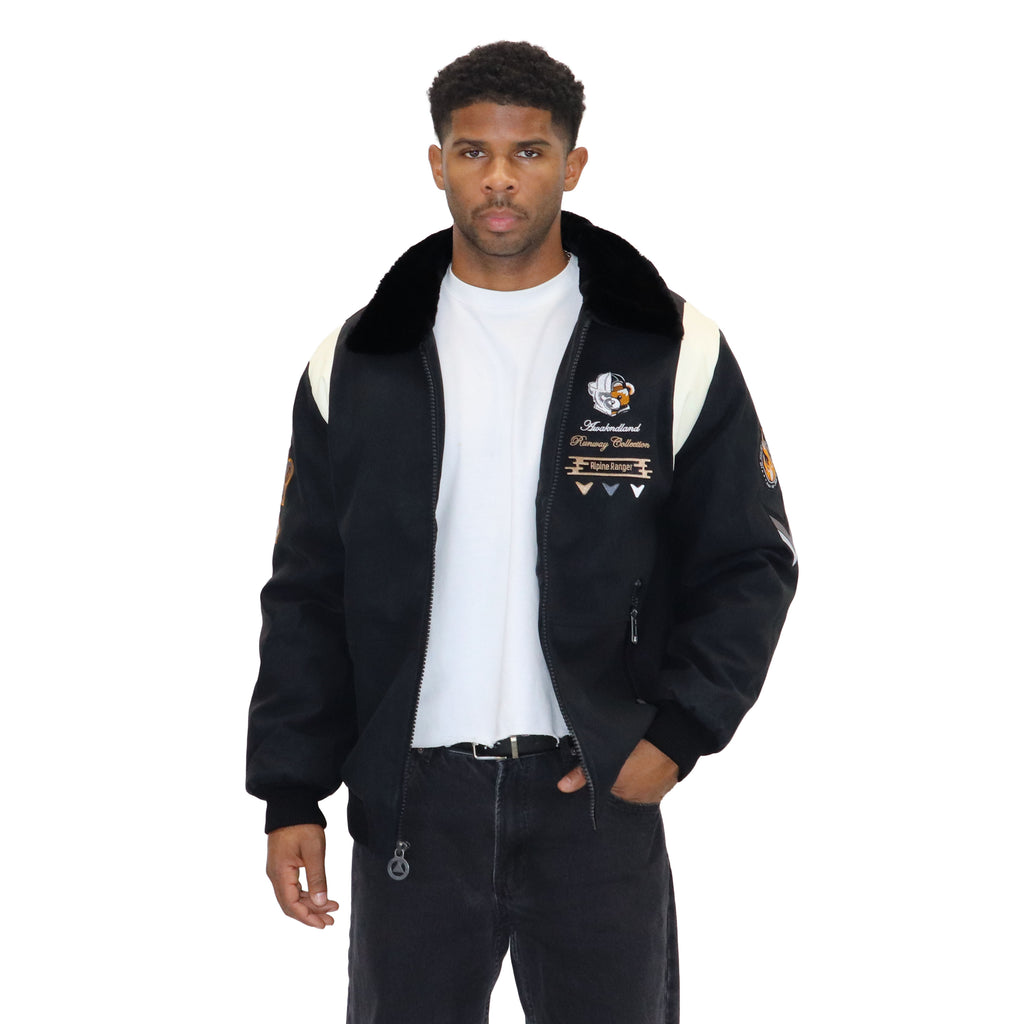 Black "Heritage Bear" Nubuck Faux Leather Jacket