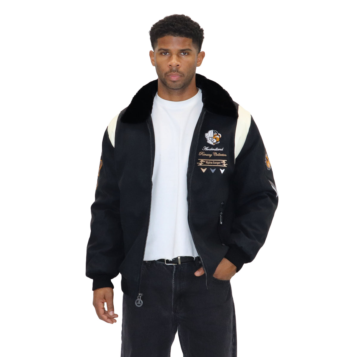 “Heritage Bear” Black Nubuck Faux Leather Jacket