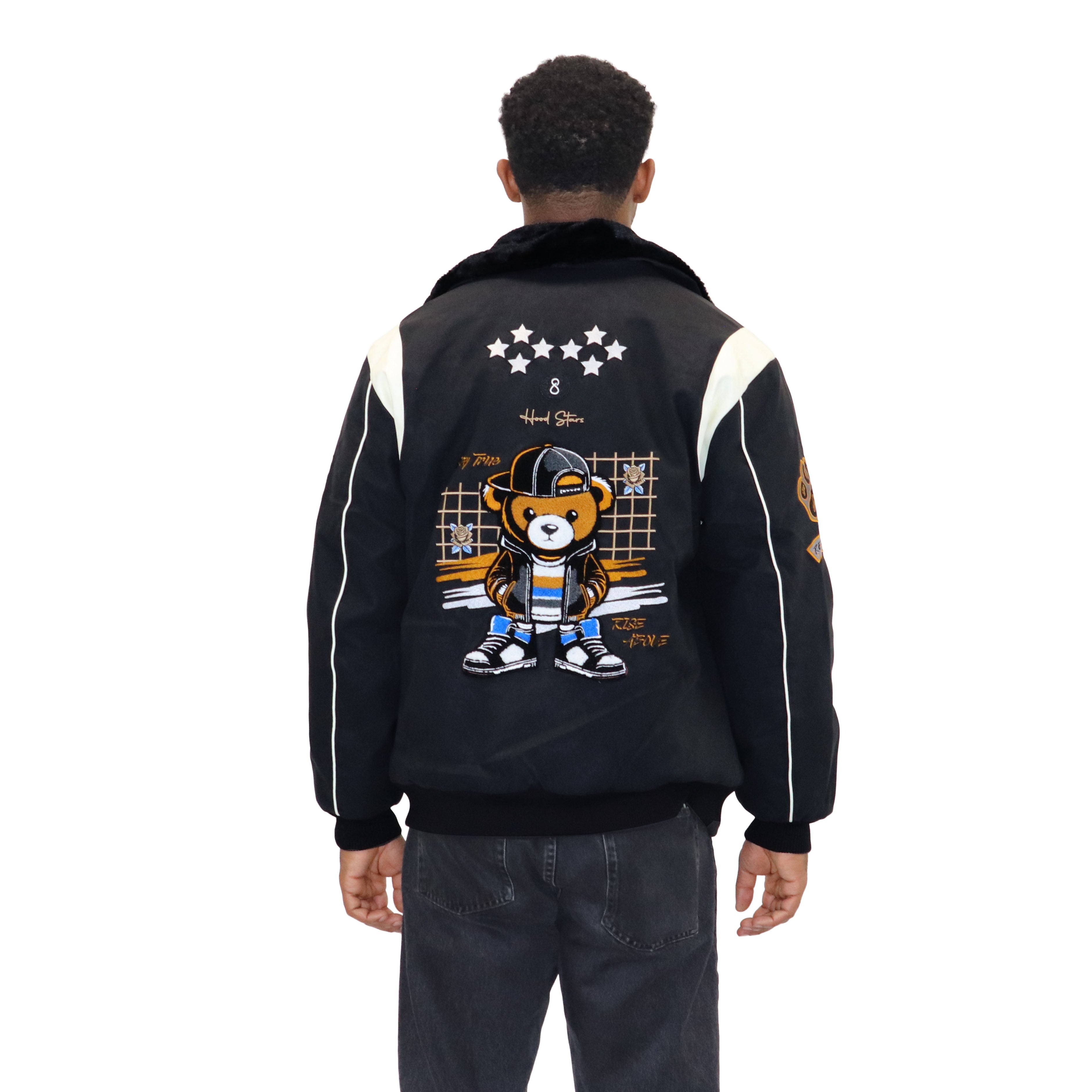 Black "Heritage Bear" Nubuck Faux Leather Jacket