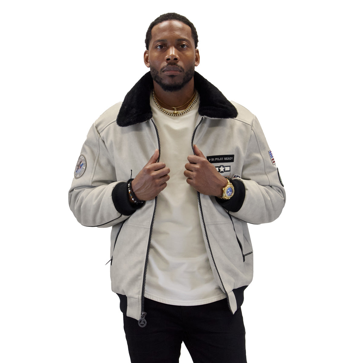 Stone "Aviator" Nubuck Faux Leather Bomber