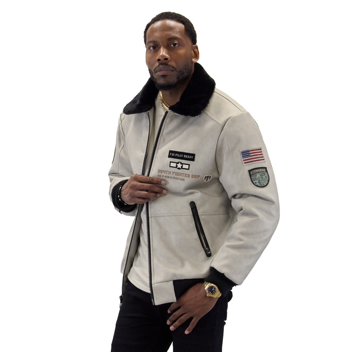 Stone "Aviator" Nubuck Faux Leather Bomber