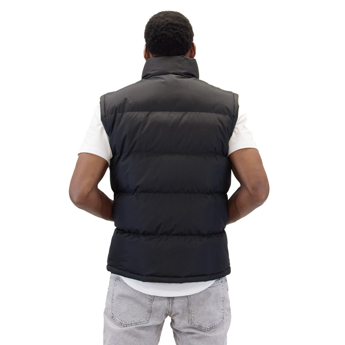 M2003 black vest, back view on model