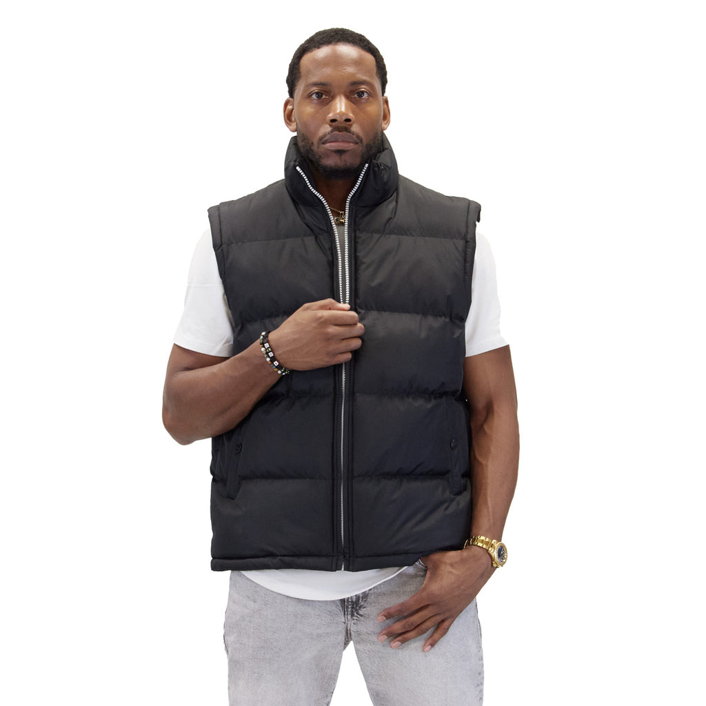 M2003 black vest, front view on model