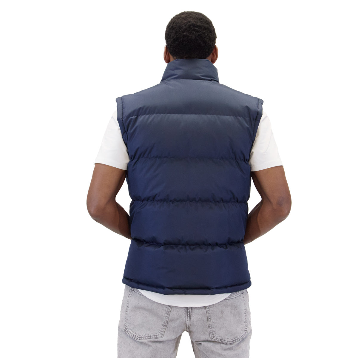 M2003 navy vest, back view on model