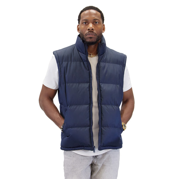 M2003 navy vest, front view on model