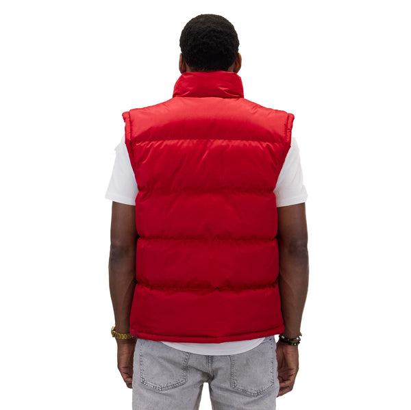 M2003 red vest, back view on model