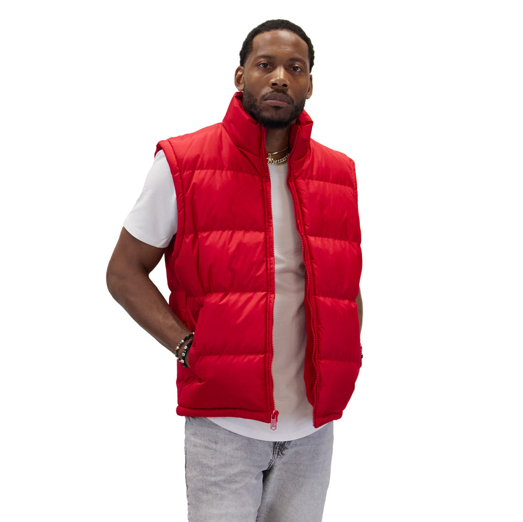 M2003 red vest, front view on model