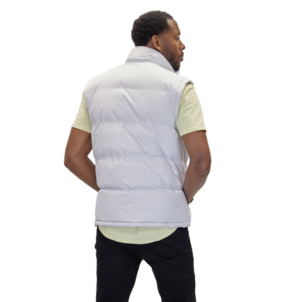 M2003 white vest, back three-quarter view on model