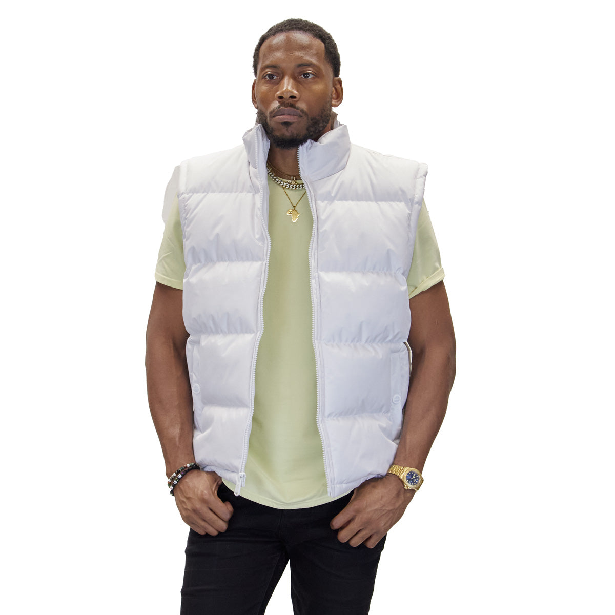 M2003 white vest, front view on model