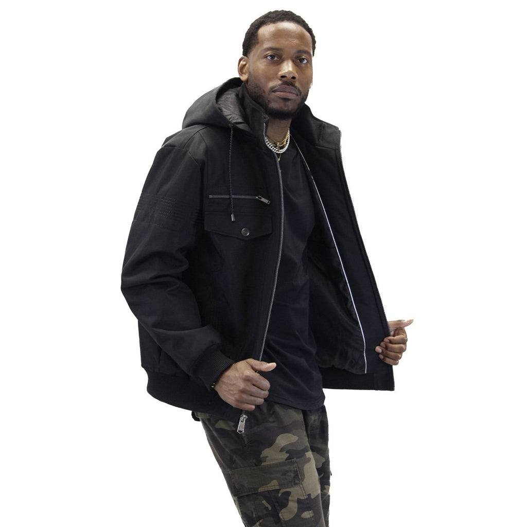 M3151 Black hooded jacket, open front view