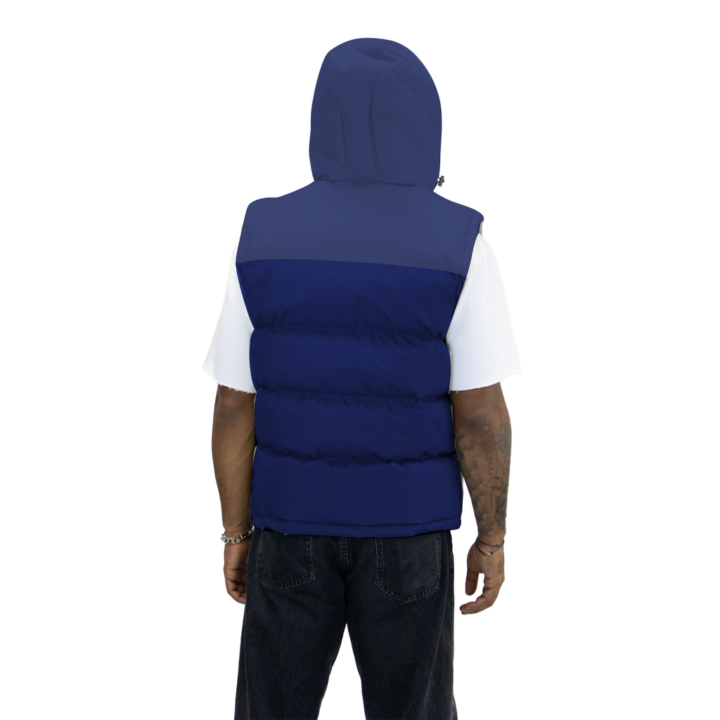 Navy hooded vest, back view; CAD-color-adjusted draft photograph