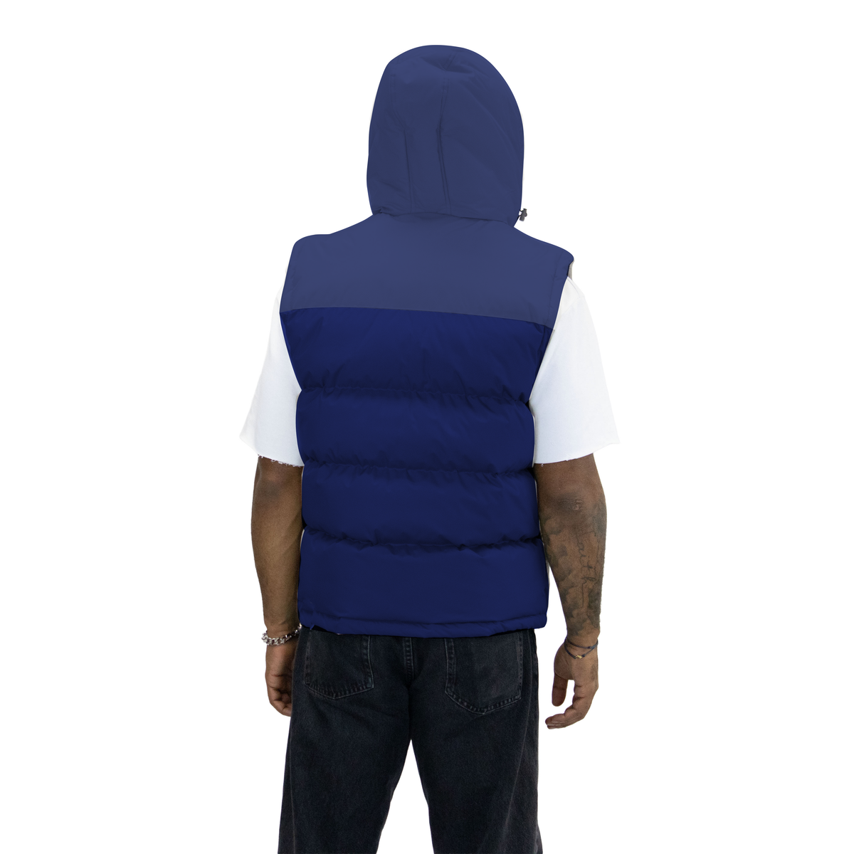 Navy hooded vest, back view; CAD-color-adjusted draft photograph