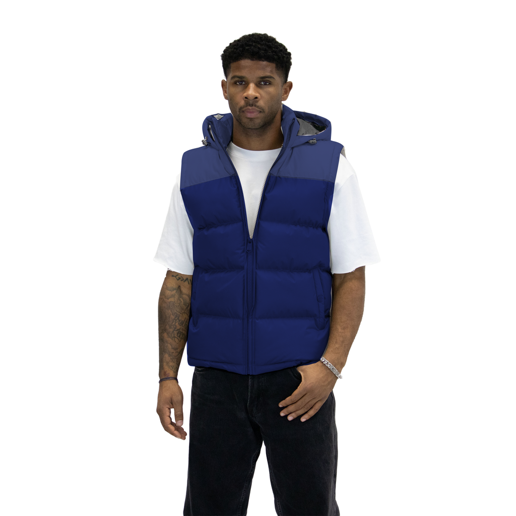 Navy hooded vest, front view; CAD-color-adjusted draft photograph