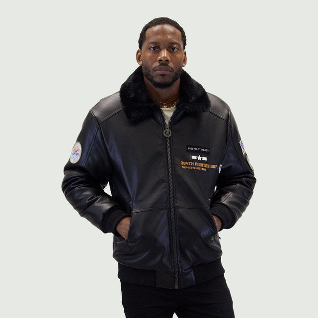 Black "Aviator" Nubuck Faux Leather Bomber