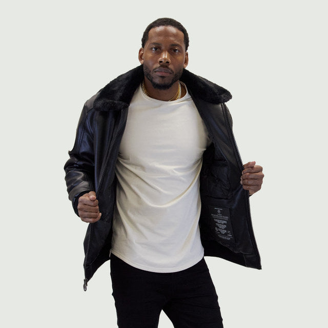 Black "Aviator" Nubuck Faux Leather Bomber