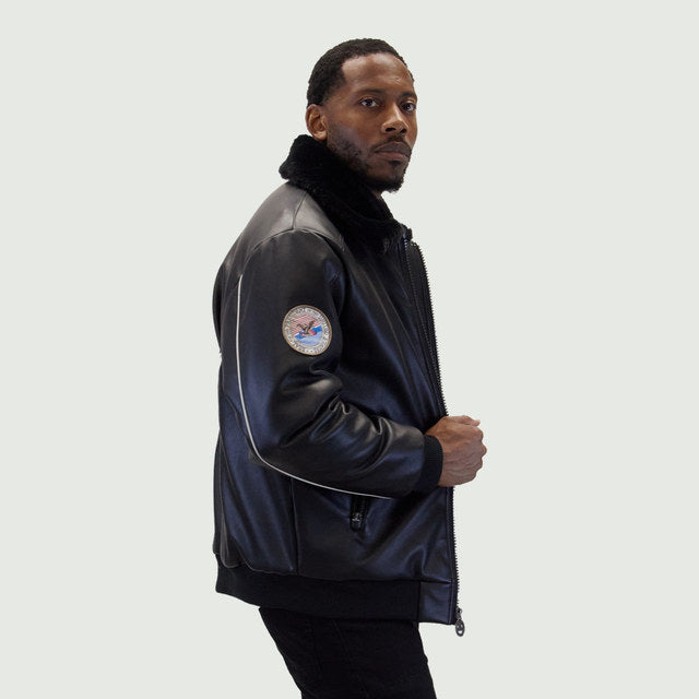 Black "Aviator" Nubuck Faux Leather Bomber