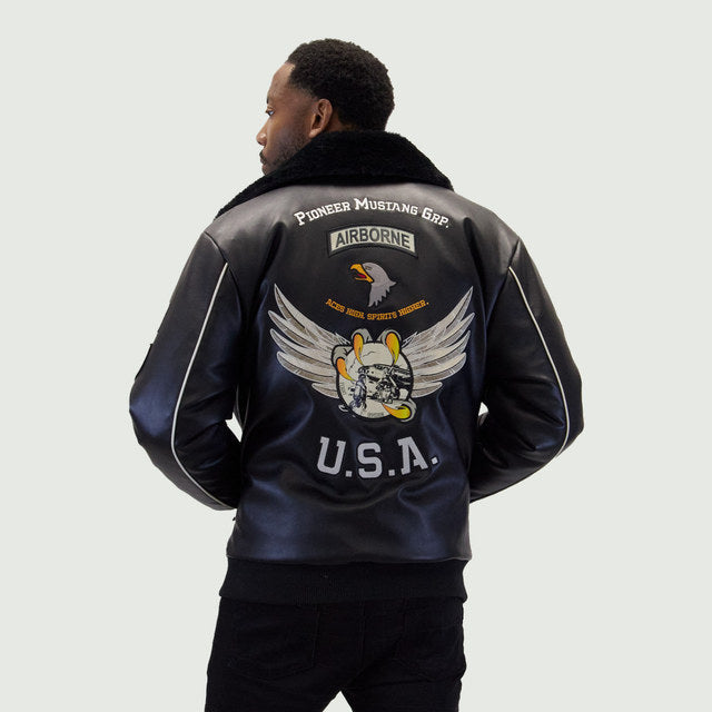 Black "Aviator" Nubuck Faux Leather Bomber