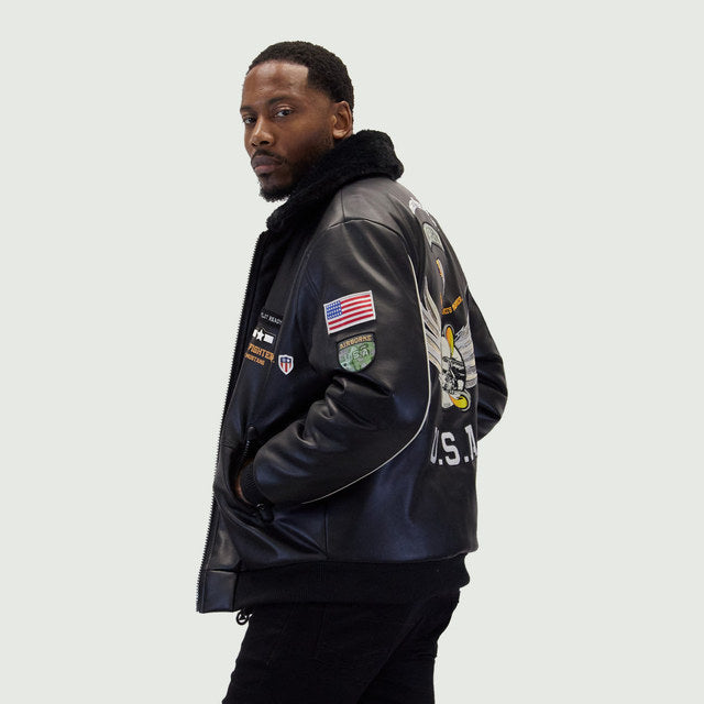 Black "Aviator" Nubuck Faux Leather Bomber