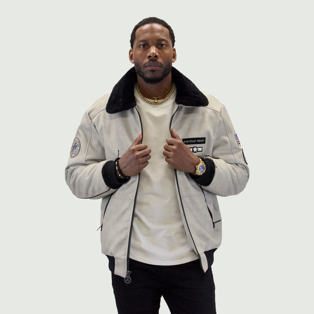 Stone "Aviator" Nubuck Faux Leather Bomber