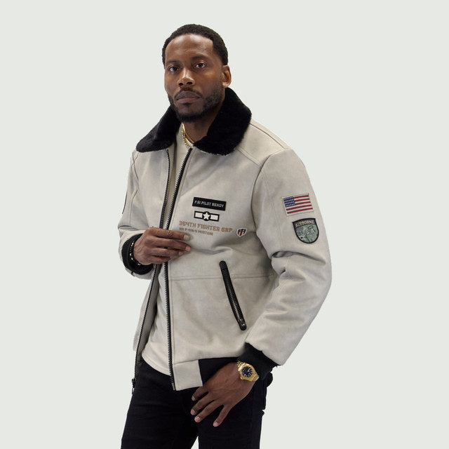 Stone "Aviator" Nubuck Faux Leather Bomber