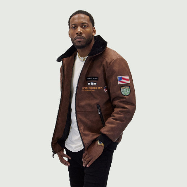 Brown "Aviator" Nubuck Faux Leather Bomber
