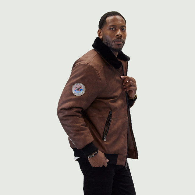 Brown "Aviator" Nubuck Faux Leather Bomber