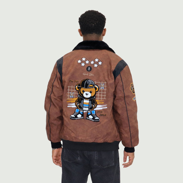 Brown "Heritage Bear" Nubuck Faux Leather Jacket