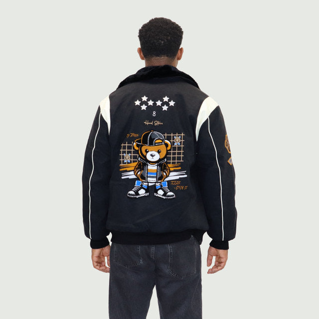 Black "Heritage Bear" Nubuck Faux Leather Jacket