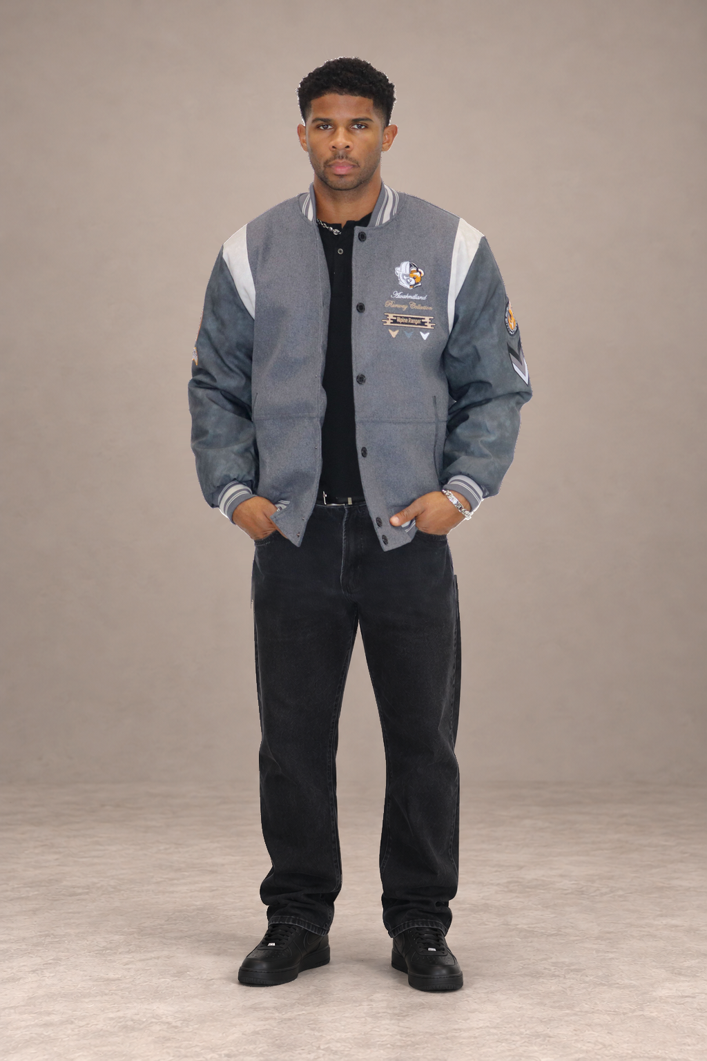Grey Heritage Bear Jacket, front-led full-length studio composition on a Warm taupe set